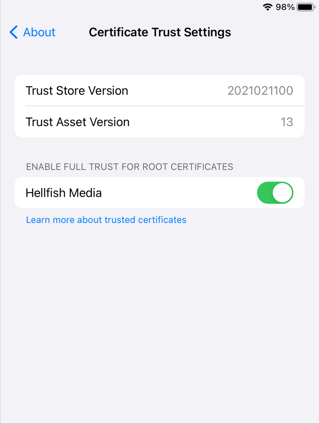 iOS Trust Certificate Settings.