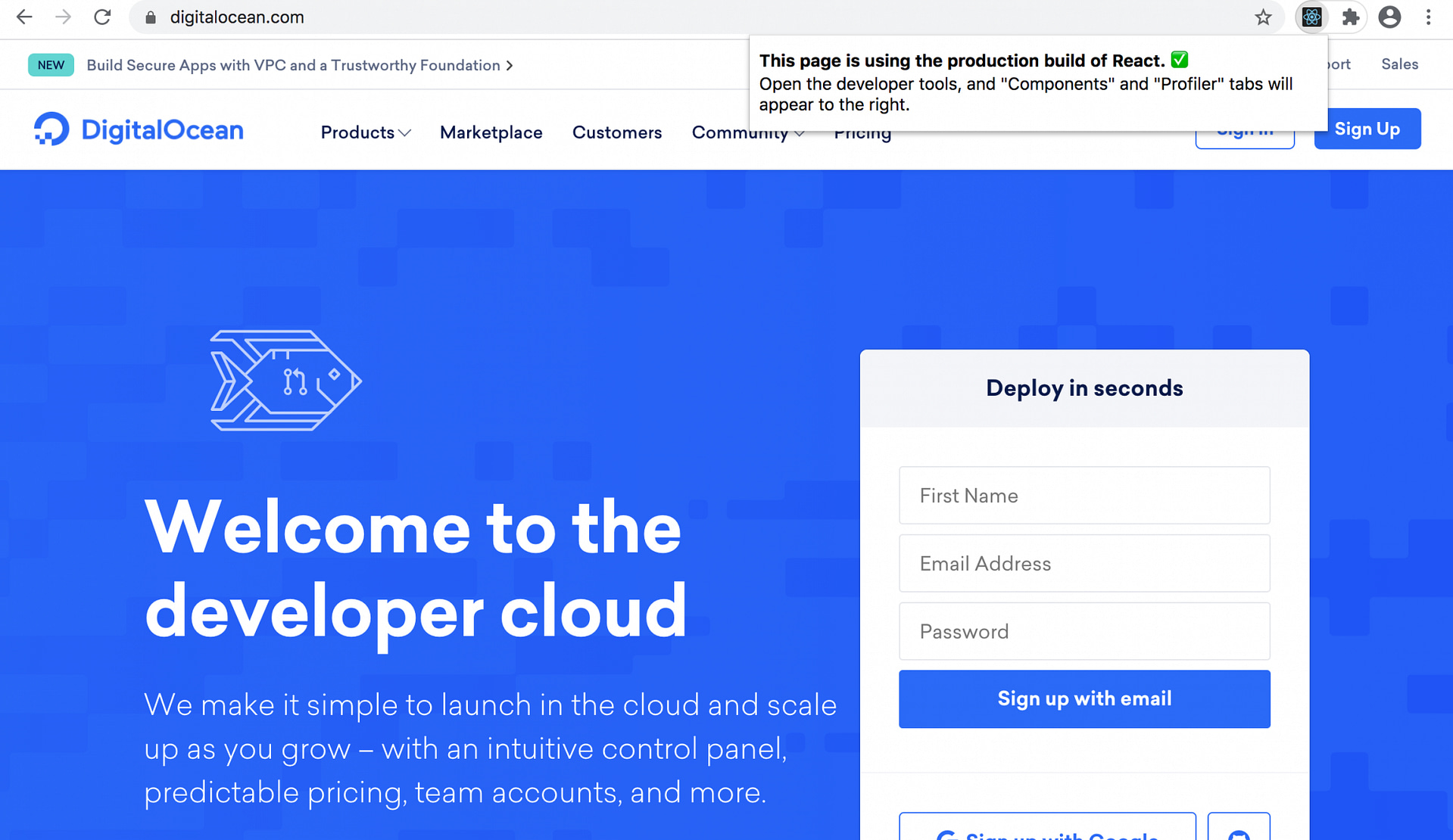 DigitalOcean React Production Build information