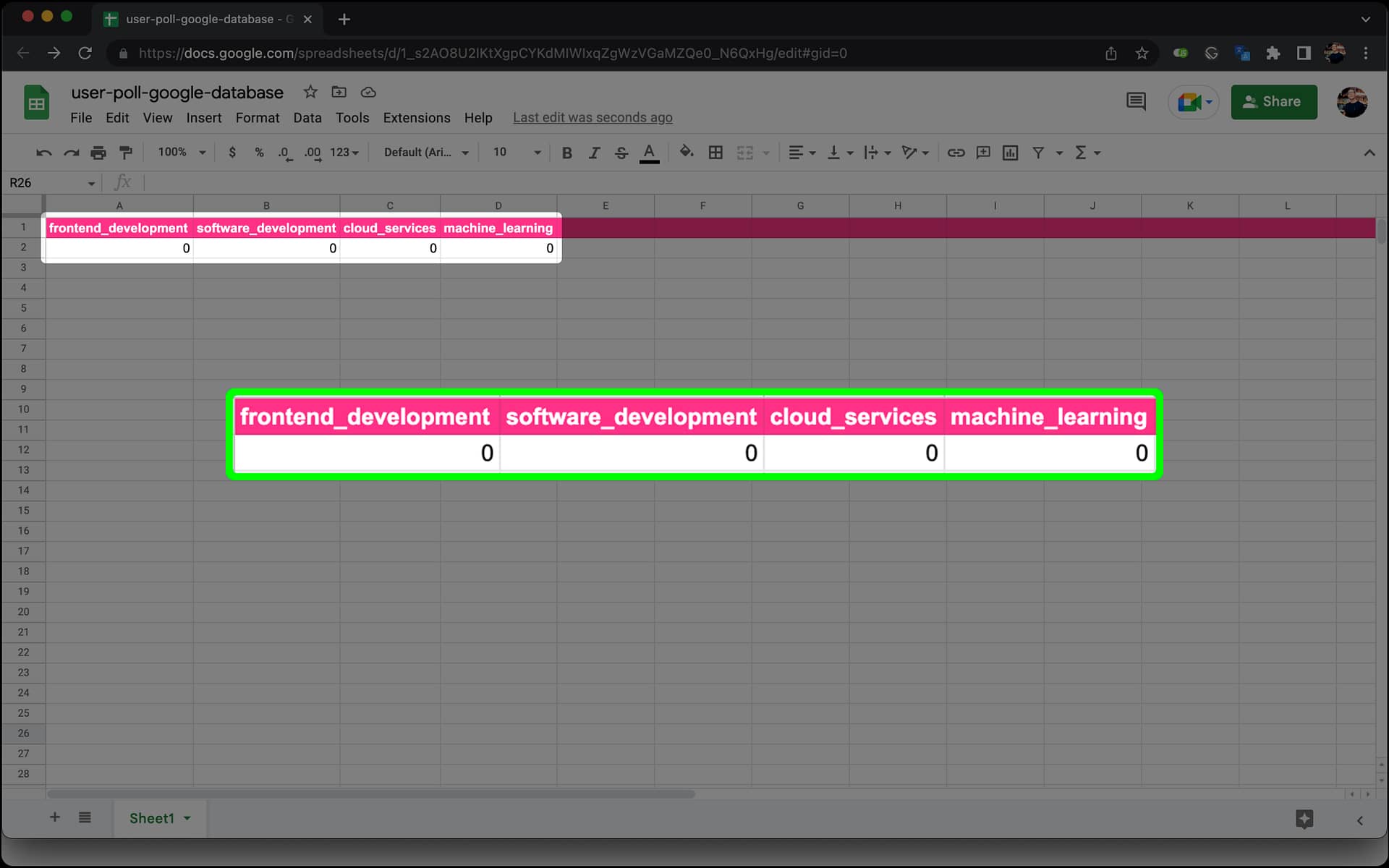 Screen shot of Google Sheet with highlighted heading rows