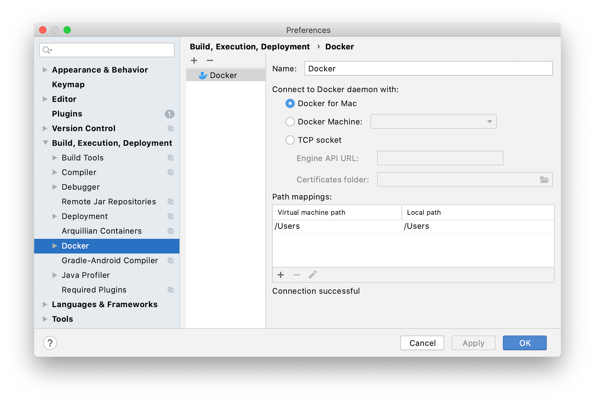 The Docker tool window, connected to Docker