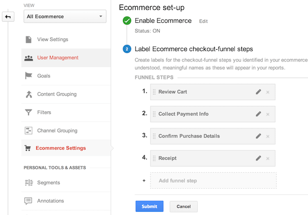 Ecommerce setup in the Google Analytics admin interface. A checkout          funnel is defined with four steps: 1. Review Cart, 2. Collect Payment          Info, 3. Confirm Purchase Details, 4. Receipt.