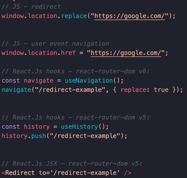 How to redirect in ReactJs cheat sheet - js, react-router-dom v5 & v6