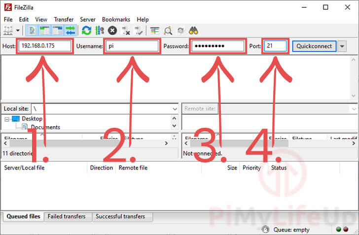 Connecting to Raspberry Pi FTP Server using FileZilla Details