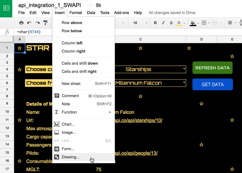 Google Sheets insert drawing