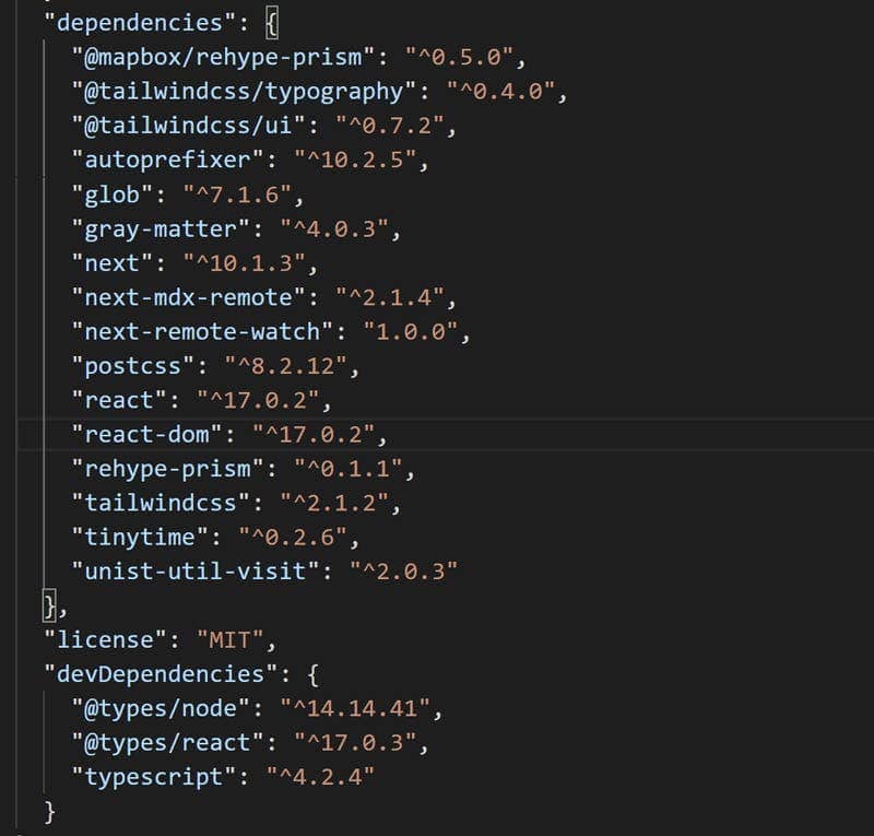 Npm package dependencies listed in package.json file.