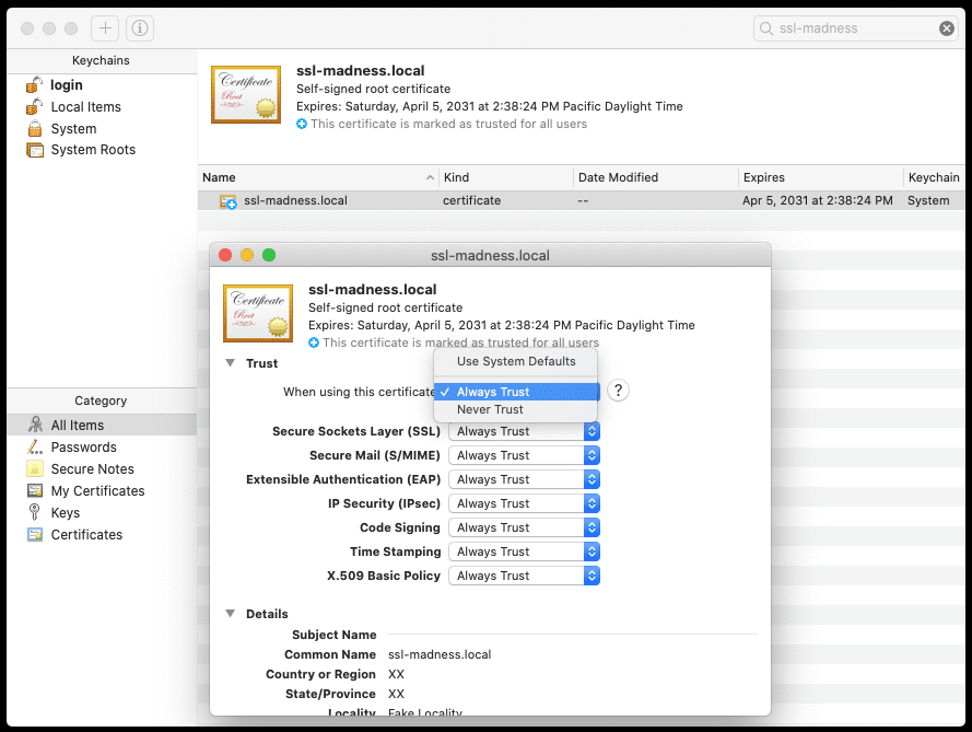 A screenshot of the Keychain Access application and manually updating the setting to have MacOS Always Trust the Local site