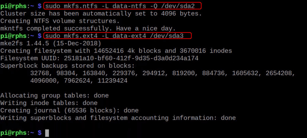 Format the partitions on raspberry pi